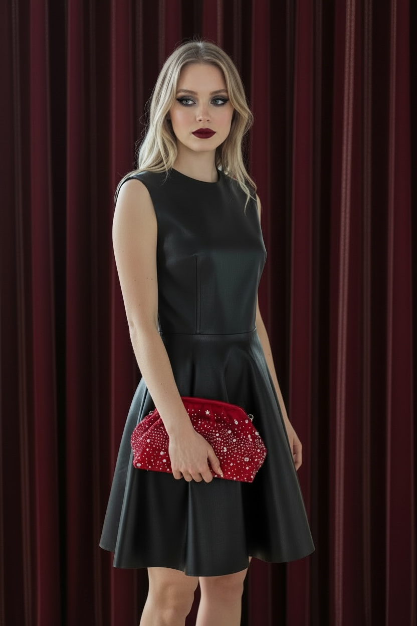 Model with ruby clutch on set