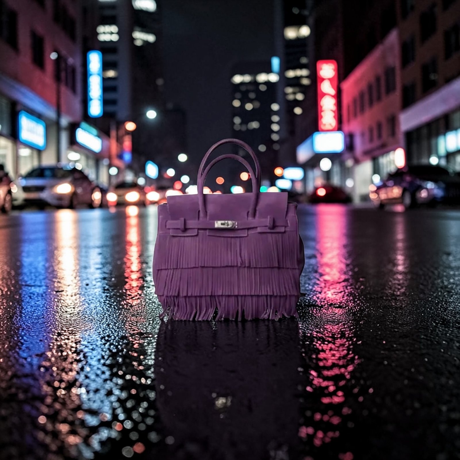 Orchid Fringe Tote in the City at Night