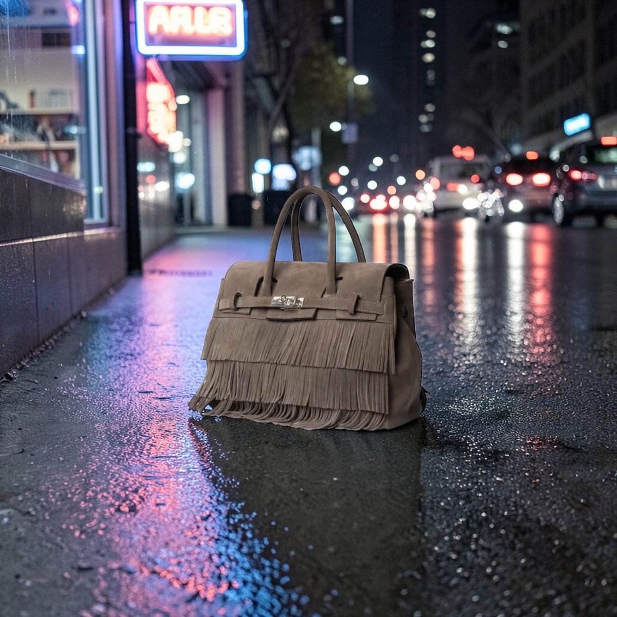 Sahara Fringe Tote in the City at Night